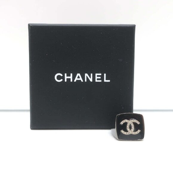 Chanel A21 Crystal CC Square Ring Black Enamel Size 5.5 - Picture 2 of 7